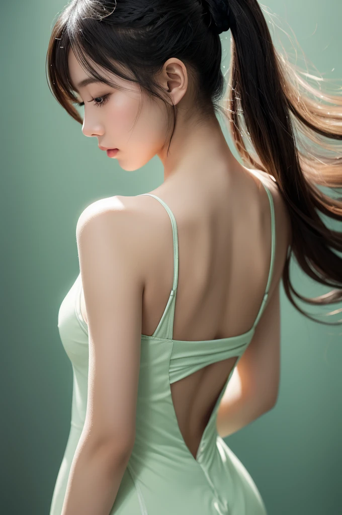 
In the center of the image is the、A beautiful Japanese girl with long hair and cosmic beauty is depicted.。Her hair is black、It is tied in a ponytail at the back。Her expression was quiet、It creates a meditative atmosphere。
She is wearing a white lace bodysuit、The design is very ingenious、It fits snugly to the body。The back of the bodysuit is woven with strings.、Very elegant。
The background is painted in a simple pale green tone.、It highlights her figure。The background has a transparent fluid effect.、It creates a fantastic atmosphere as if you were underwater.。These fluids take on complex shapes.、It reflects light and shines brightly。

The use of light is also very clever.、The light reflecting off her skin and bodysuit is beautifully rendered.。The reflection of light combined with the transparent fluid、It creates a very fantastic effect。

as a whole、This image depicts a woman of elegant and mysterious beauty.、Gives a strong visual impact to the viewer。Her serene expression and flowing dress、And the transparent effect in the background blends in beautifully.、It offers a highly engaging visual experience。This work is packed with fantastical and artistic elements that users love.。