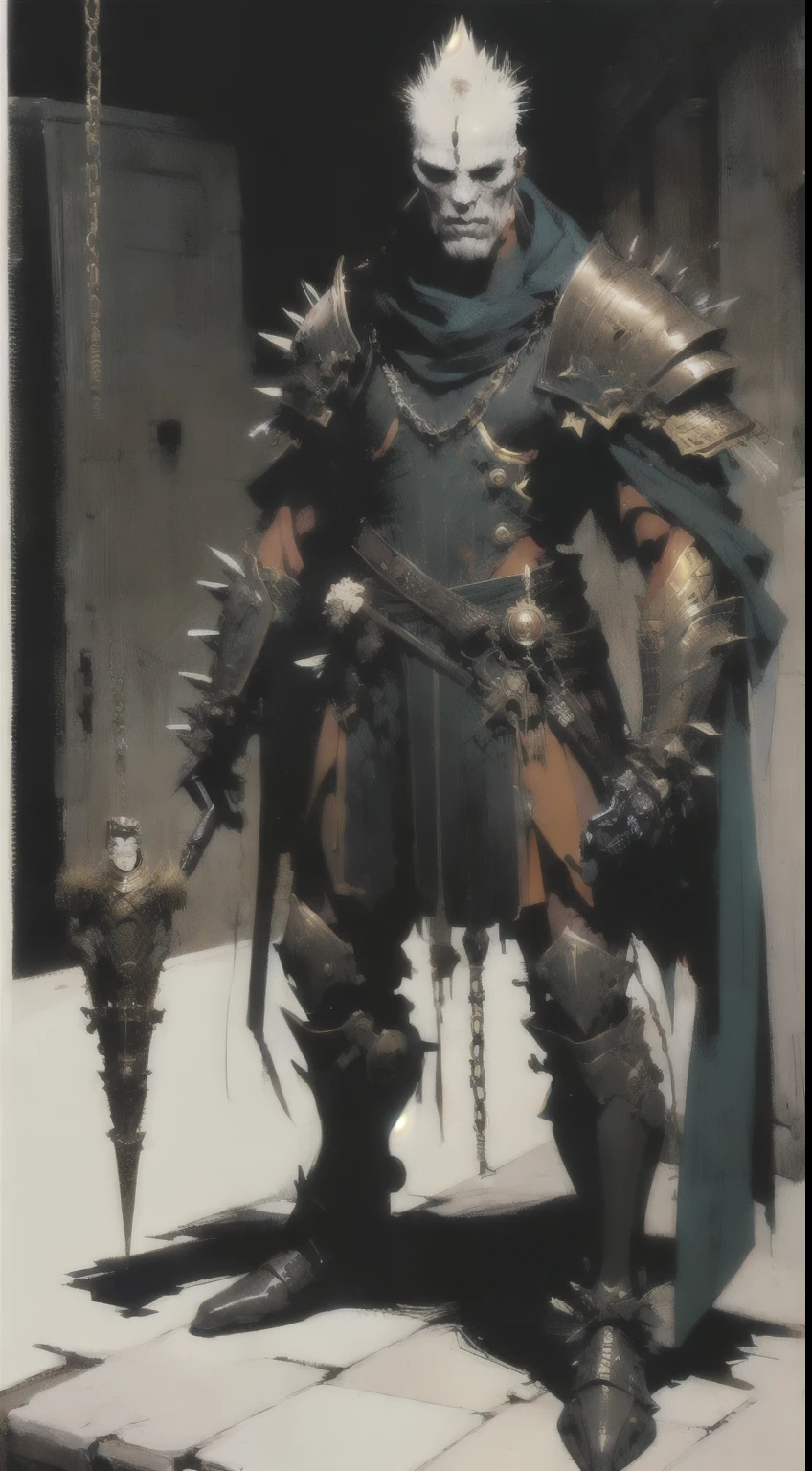 1man, old man, standing on a battlefield, perfect proportions, anatomically correct, (head to toe: 2.0), (full body image: 2.0), solo, extremely stylized, deviant art, masterpiece, highly detailed, detailed eyes, expressive detailed eyes, detailed pupils, futuristic, ((wearing an armored helmet)), ((holding a spiked flail)), (cybernetic arms:1.4), big boots, entire body image, full body shot, nvinkpunk, professional photograph of alexander_skarsgard, tassles, large beads, (large tassels), cyberpunk, inkpunk, paint platter, ink splatter, (action pose:1.0), ((chainmail shirt)), old warrior, long beard, ((armor shoulders))