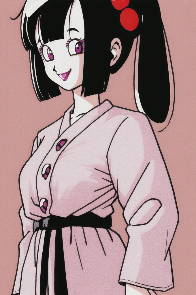 akira toriyama style,1girl, mature lady, ((solo:1.4)), modern clothes, long black hair, upper body, pink eyes, anime coloring, innocent smile, ((masterpiece)) 