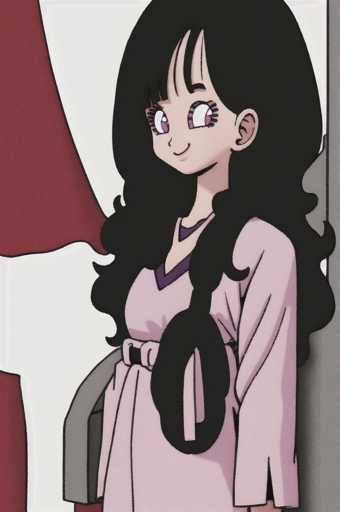 akira toriyama style,1girl, mature lady, ((solo:1.4)), modern clothes, long black hair, upper body, pink eyes, anime coloring, innocent smile, ((masterpiece))