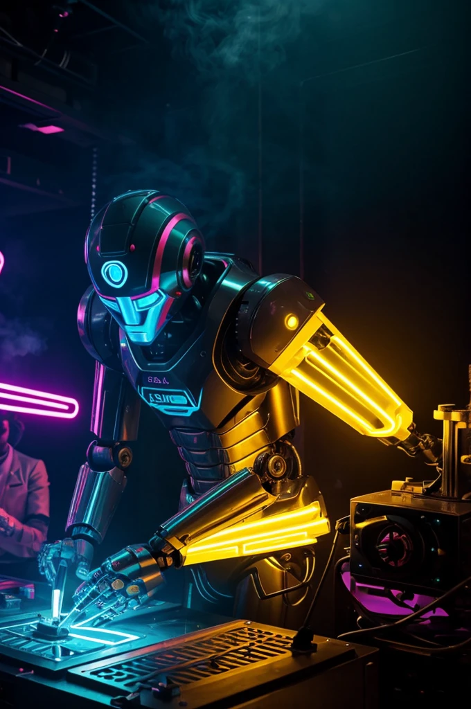 Robot humanoide, dorado, haciendo mezclas ,en una discoteca, with neon lights and smoke