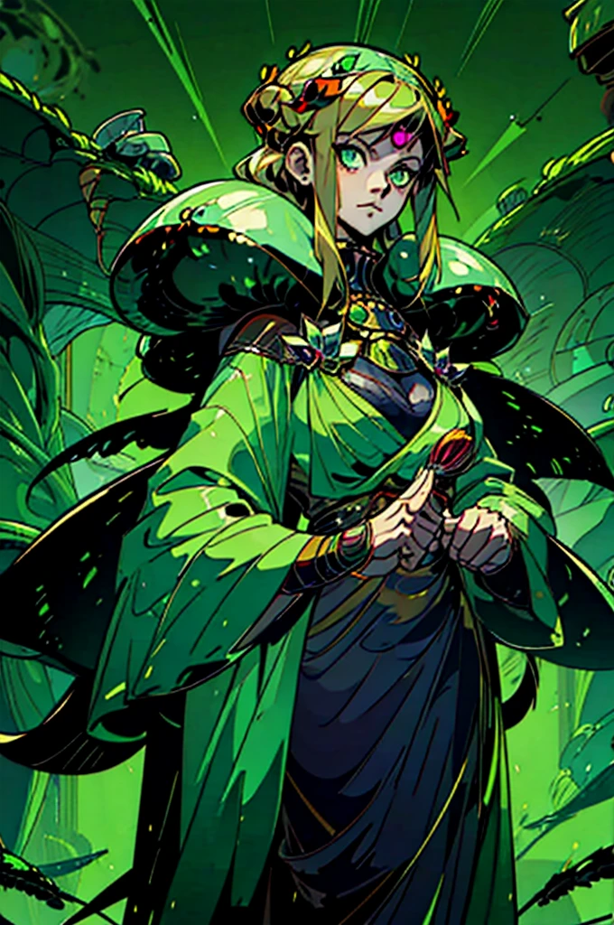 1girl, young , little ???, 12 years old, blonde long hair, green clothes, green eyes, arachnid style, background filled with insects, main character, boss style, hades style, Arachne, Arachnea, silk weaver, insect lover, insects crawling