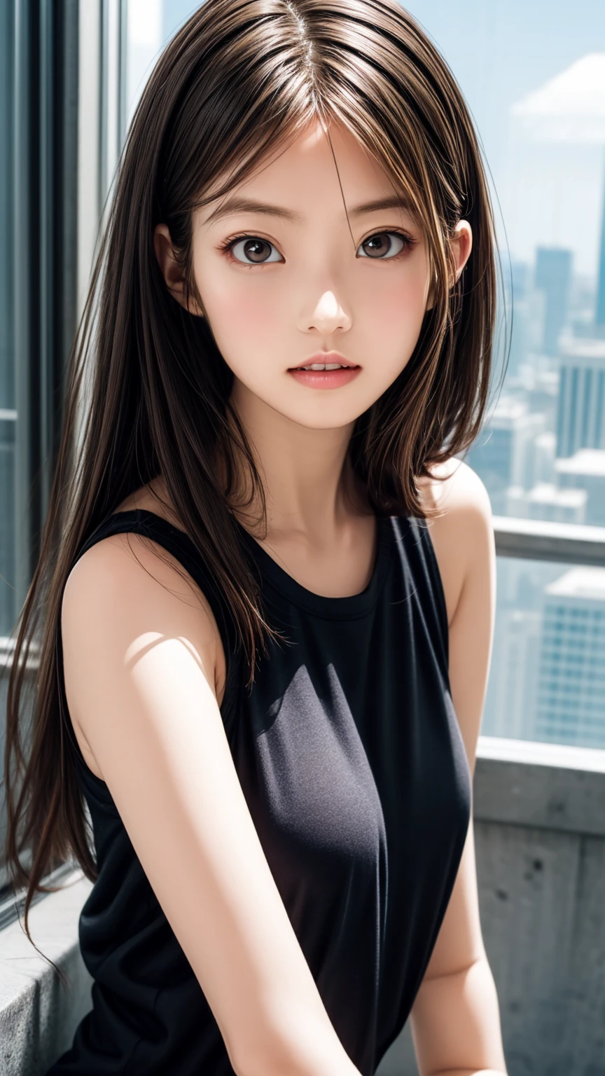 8K quality、High resolution、Realistic skin texture、High resolutionの瞳、woman、Japanese Summer Office Lady、Sleeveless knit shirt、Princess Hair、thin、、Small breasts、Small breastsの谷間、Brown Hair、thin脚、big、Sweat accumulates in the chest、Rooftop、Brush your hair up