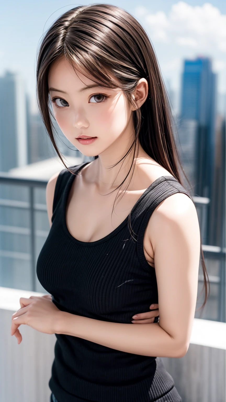 8K quality、High resolution、Realistic skin texture、High resolutionの瞳、woman、Japanese Summer Office Lady、Sleeveless knit shirt、Princess Hair、thin、、Small breasts、Small breastsの谷間、Brown Hair、thin脚、big、Sweat accumulates in the chest、Rooftop、Brush your hair up