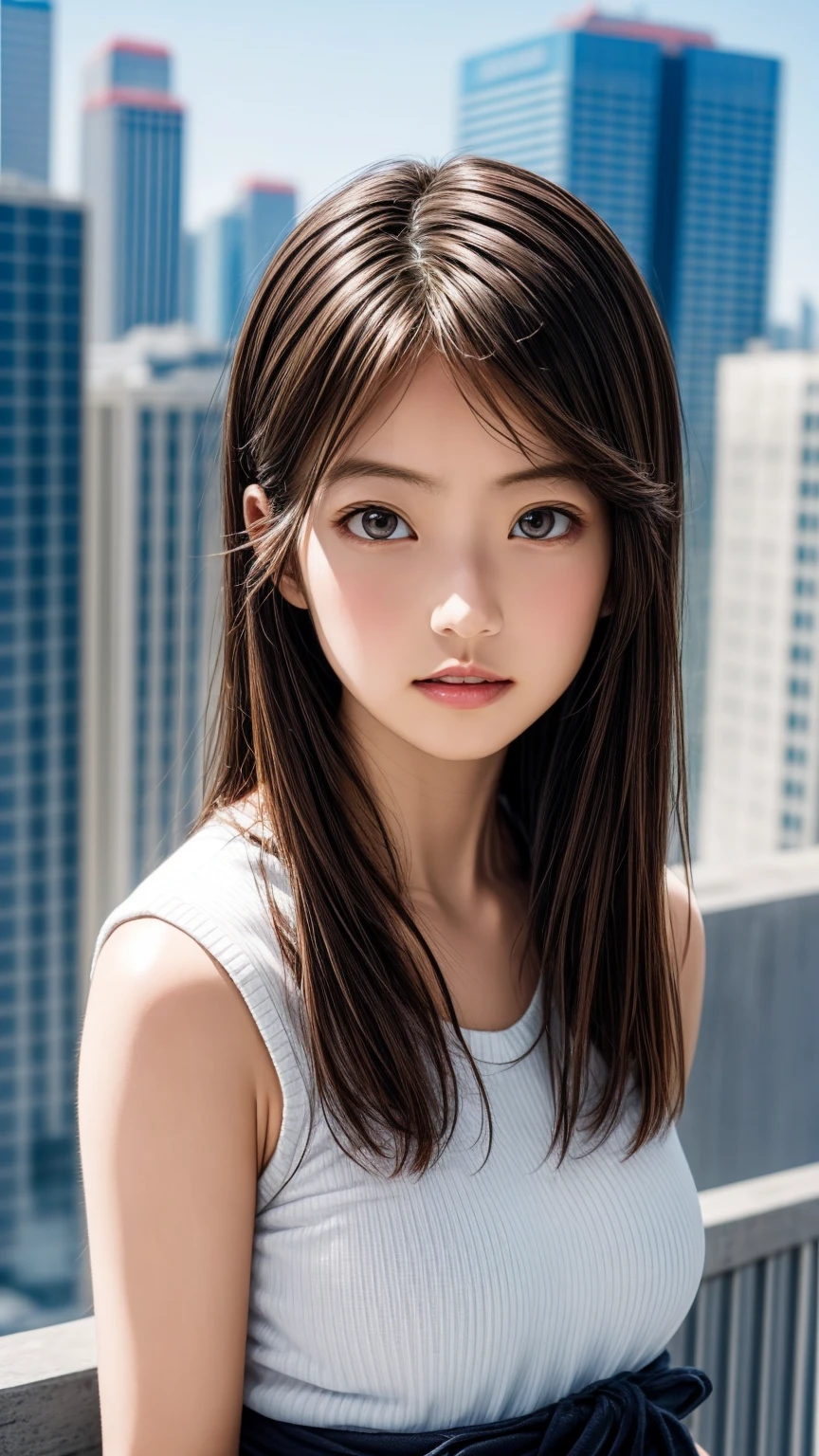 8K quality、High resolution、Realistic skin texture、High resolutionの瞳、woman、Japanese Summer Office Lady、Sleeveless knit shirt、Princess Hair、thin、、Small breasts、Small breastsの谷間、Brown Hair、thin脚、big、Sweat accumulates in the chest、Rooftop、Brush your hair up