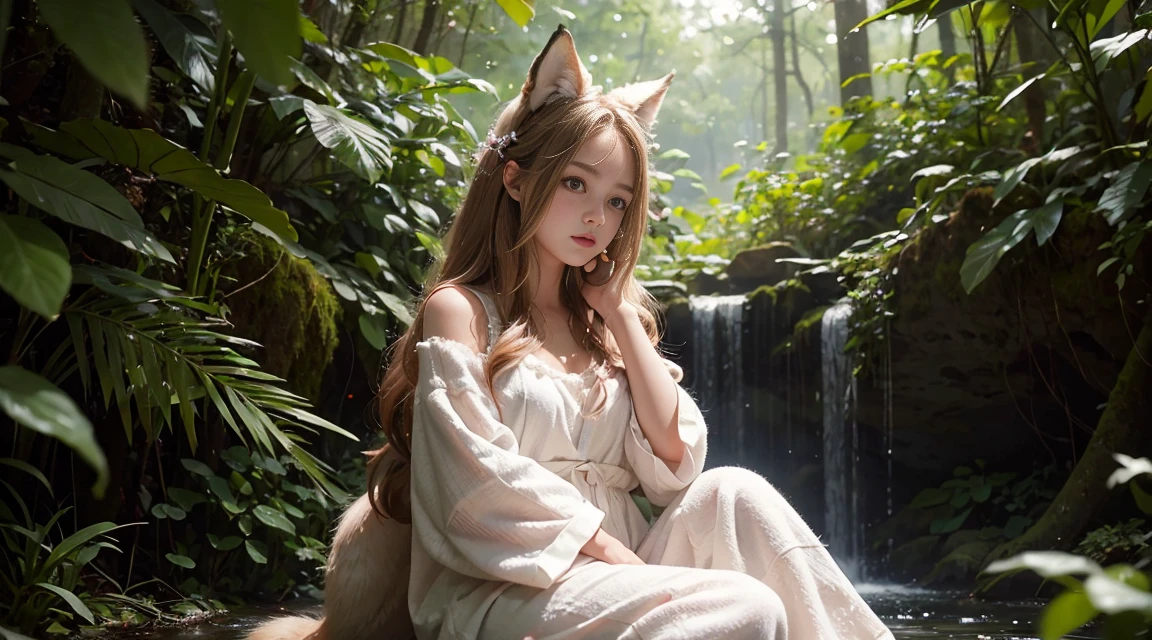 A professional high-quality photo, in 4K resolution, captures in realistic detail a charming girl in a fluffy white pajama with ears and foxtail. She is sitting in the middle of an enchanted forest, where every element is portrayed to perfection. The textures of the pajamas, ears and tail are sharp and palpable. Sunlight falls on the leaves and gently illuminates the girl's face, highlighting each delicate and charming expression