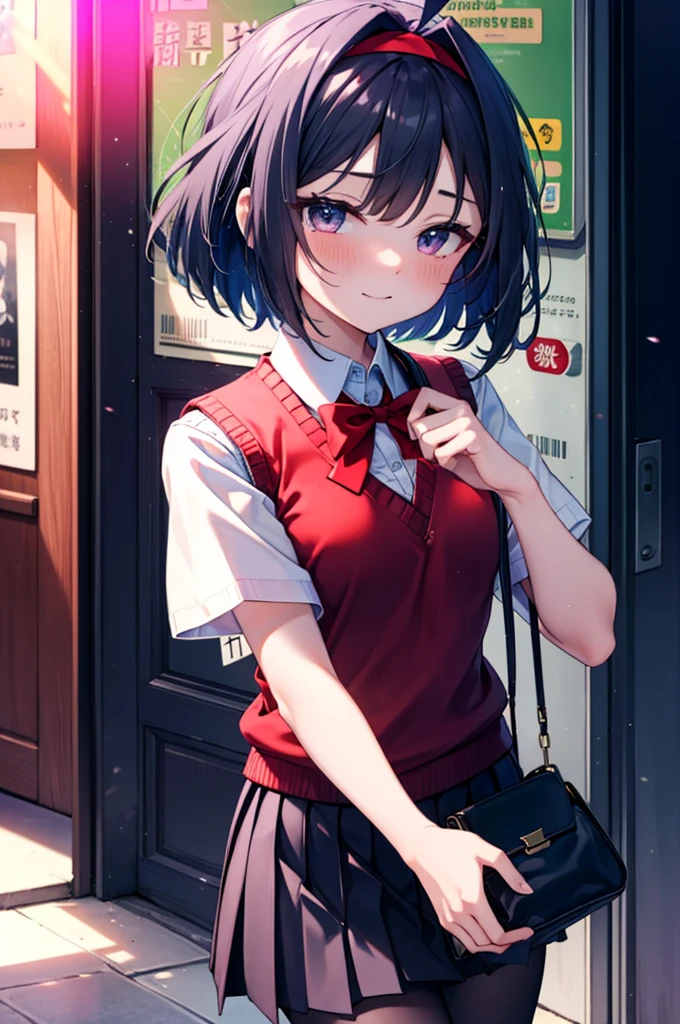 yuukikonno, Yuki Konno,Black Hair,short hair,Bob Hair ,Ahoge,Green headband,(iris:1.5), (Small breasts:1.2), smile,break skirt, shirt, bow, ribbon, , white shirt, Short sleeve, Pleated skirt, collared shirt, mini skirt, bowtie, 茶色のloafers , Black Skirt, Black Pantyhose, loafers, black bow, Sweater vest, (red Sweater vest:1.5),whole bodyがイラストに入るように,walk,
break outdoors, city,Area,
break looking at viewer, whole body,
break (masterpiece:1.2), highest quality, High resolution, unity 8k wallpaper, (shape:0.8), (Beautiful details:1.6), Highly detailed face, Perfect lighting, Highly detailed CG, (Perfect hands, Perfect Anatomy),