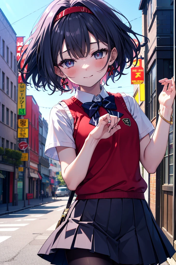 yuukikonno, Yuki Konno,Black Hair,short hair,Bob Hair ,Ahoge,Green headband,(iris:1.5), (Small breasts:1.2), smile,break skirt, shirt, bow, ribbon, , white shirt, Short sleeve, Pleated skirt, collared shirt, mini skirt, bowtie, 茶色のloafers , Black Skirt, Black Pantyhose, loafers, black bow, Sweater vest, (red Sweater vest:1.5),whole bodyがイラストに入るように,walk,
break outdoors, city,Area,
break looking at viewer, whole body,
break (masterpiece:1.2), highest quality, High resolution, unity 8k wallpaper, (shape:0.8), (Beautiful details:1.6), Highly detailed face, Perfect lighting, Highly detailed CG, (Perfect hands, Perfect Anatomy),