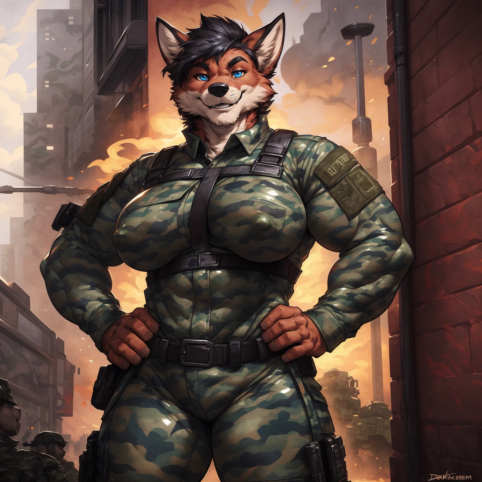 solo, 1girl, red fox, vixen, (female, broad shoulders, stocky build, buff, muscular, large breasts, nipple outline, short hair, black hair, blue eyes, highly detailed eyes, Amazon, powerful figure, dressed in military fatigues, (urban camouflage pattern:1.6), sleeves rolled up, hands on hips, combat boots, pleasant smile, looking at viewer, by darkgem, by wfa,