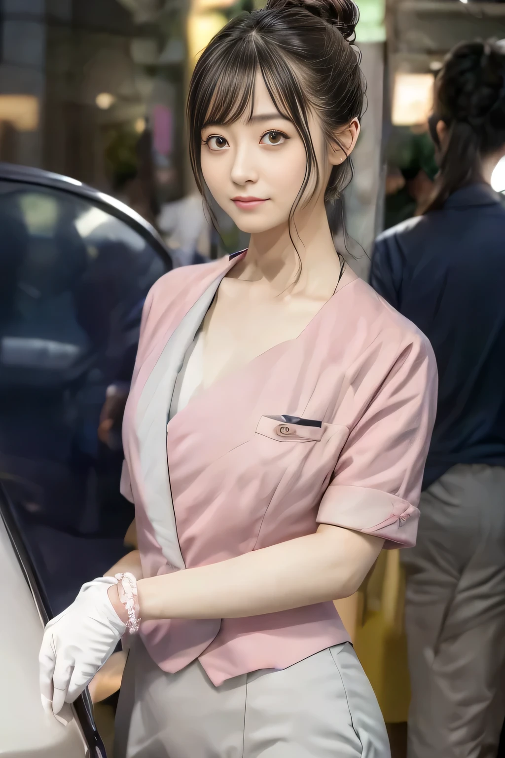 (masterpiece:1.2, highest quality:1.2), 32K HDR, High resolution, (alone、1 girl)、(On the rooftop of a building in the daytime、Professional Lighting)、Building rooftop background、(Nankai train crew uniform pinkを着たリアルスタイル)、(Nankai train crew uniform pink short sleeve pink jacket、Nankai Train Crew Uniform Pink Collarless Short Sleeve Blouse、Nankai Train Crew Uniform Pink Grey Knee-length Culottes)、Dark brown hair、(Hair tied up、Hair Bun、Hair Bun)、Dark brown hair、Long Shot、Big Breasts、Thin legs、((Great hands:2.0)),((Harmonious body proportions:1.5)),((Normal limbs:2.0)),((Normal finger:2.0)),((Delicate eyes:2.0)),((Normal eyes:2.0)))、smile、(Nankai Train Crew Uniform Pink Grey Knee-length Culottesを見せた美しい座る姿)、Place your hands around your stomach