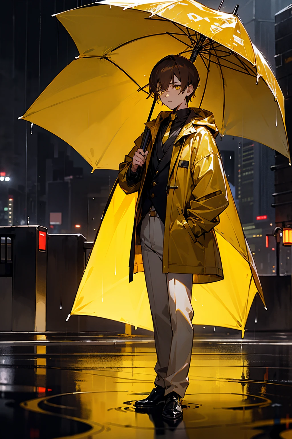 1male, brown hair, comb over, yellow eyes, yellow hair, expressionless, raincoat, black undershirt, raining, reflective light, city background, detailed background, hands to side, standing on path