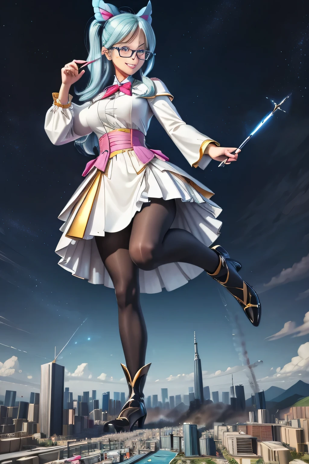 giantess art, highly detailed giantess shots, giantess, most detailed, perfect face, Two legs, Five fingers, A beautiful girl who is bigger than a skyscraper, Wearing rimless glasses, smile, huge breasts, blue base magical girl dress, bow, magical girl, holding a magical wand, black pantyhose, blue stiletto heels, thunderbolt from a magical wand, Destroying cities, Under heavy attack, A very small big city, Miniature metropolis, Full body description, GTS, giga giantess, stomping city, crash city, tiny city, micro city, pantyhose feet, High resolution, highest quality, masterpiece, 