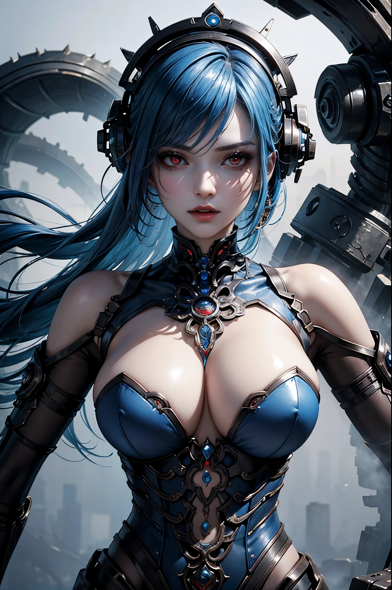 This is an artistic digital illustration portraying the bust of a female figure with cybernetic enhancements and an elaborate mechanical headdress. The figure's facial expression is passive yet intense, with striking red eyes and blue makeup accentuating her features against the contrasting cool metallic tones of the machinery. Rich in detail, the artwork blends organic and mechanical aesthetics, combining smooth human skin with intricate gears, wires, and dripping, Chinese aesthetic landscape on a white background as an RPG game asset, unreal engine,