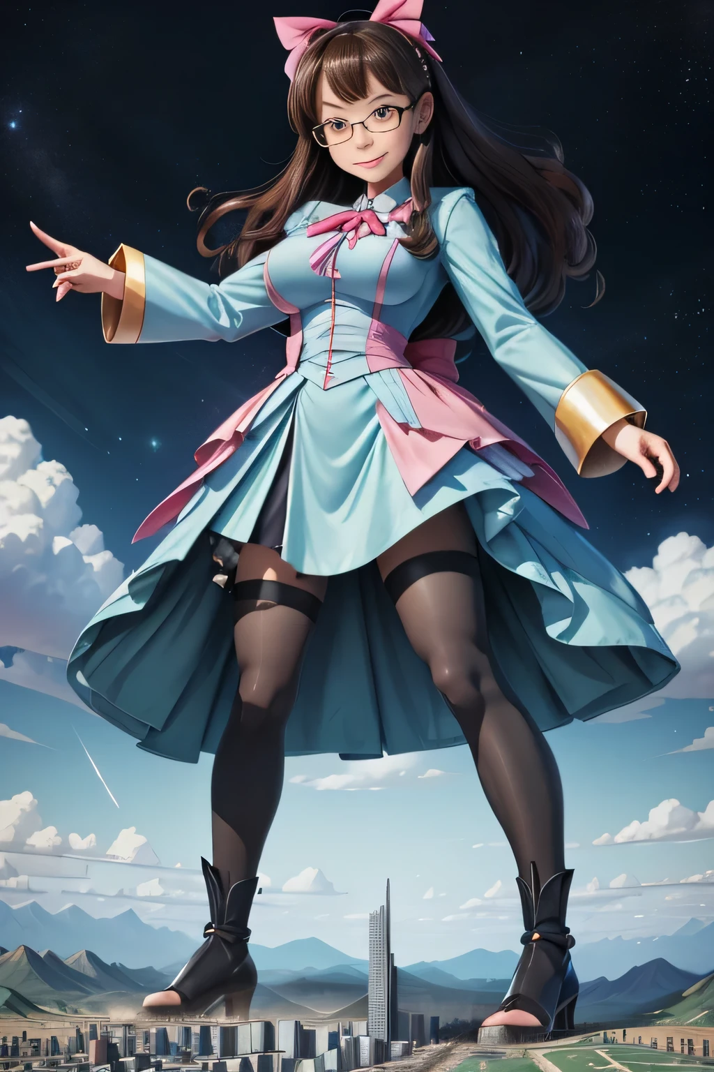 giantess art, highly detailed giantess shots, giantess, most detailed, perfect face, Two legs, Five fingers, A beautiful girl who is bigger than a skyscraper, Wearing rimless glasses, smile, huge breasts, blue base magical girl dress, bow, magical girl, holding a magical wand, black pantyhose, blue stiletto heels, thunderbolt from a magical wand, Destroying cities, Under heavy attack, A very small big city, Miniature metropolis, Full body description, GTS, giga giantess, stomping city, crash city, tiny city, micro city, pantyhose feet, High resolution, highest quality, masterpiece, 