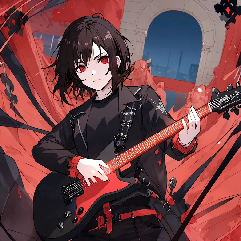 a black-haired anime man ,extremely detailed portrait,cinematic lighting,dramatic dynamic pose,8k resolution,stunning masterpiece,black background,black electric guitar in hand