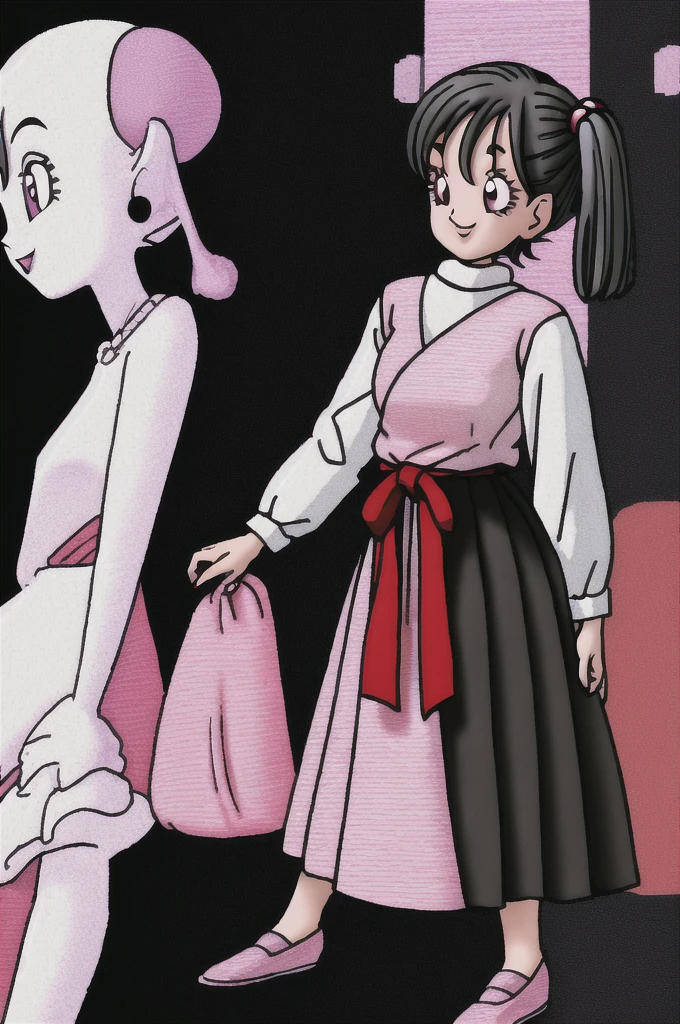 akira toriyama style,1girl, mature lady, ((solo:1.4)), modern clothes, long black hair, pink eyes, anime coloring, innocent smile, ((masterpiece))