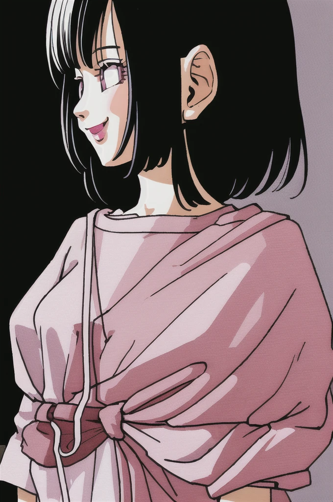 akira toriyama style,1girl, mature lady, ((solo:1.4)), modern clothes, long black hair, pink eyes, anime coloring, innocent smile, ((masterpiece))