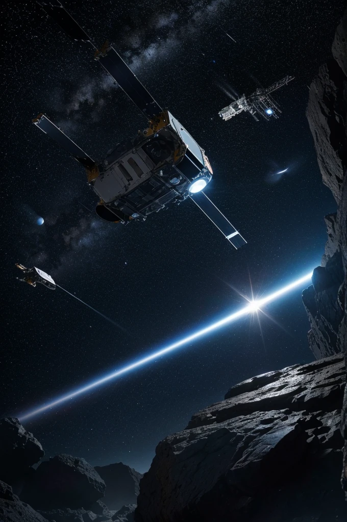 a space tug with its lights on and robotic arms extended flying near an asteroid, masterpiece, best, photo realistic