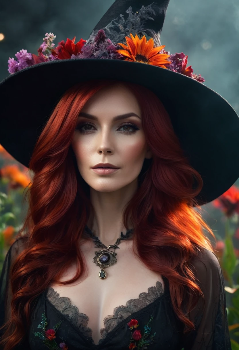 a beautiful woman red hair WITCH WITH A hat and amazing flowers the Style-RustMagic, Aum, (atmosfera escura:1.2), (Mist & smoke), (noite escura:1.3), Cicatrizes, (shaggy medium length dark hair:1.1), (sombra:1.1), (brilho lindamente detalhado:1.2), (cinematic lighting), detalhe intrincado, high resolution,