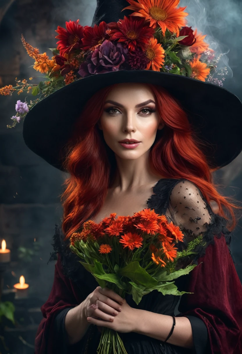 a beautiful woman red hair WITCH WITH A hat and amazing flowers the Style-RustMagic, Aum, (atmosfera escura:1.2), (Mist & smoke), (noite escura:1.3), Cicatrizes, (shaggy medium length dark hair:1.1), (sombra:1.1), (brilho lindamente detalhado:1.2), (cinematic lighting), detalhe intrincado, high resolution,