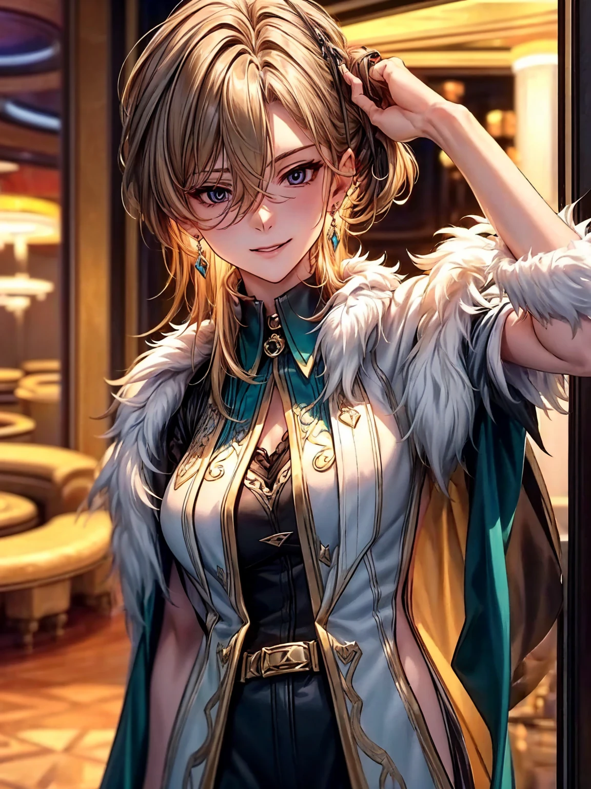 top-quality、tmasterpiece、Very high resolution、super high image quality、High-quality pixels)、perfect eyes, perfect face, perfect body figure,solo,(one woman: 1.2), 8K, (large breasts:1.2),(Detailed description of hair), (Detailed description of face),(Detailed description of body), fair and clear skin, matchless beauty, long legged, (long light brown hair:1.3), hair between eyes, detailed three-concentric-circles eye, shirt, single earing, mild ssmile, coat, fur trim, casino inside, jewelry, cowboy shot