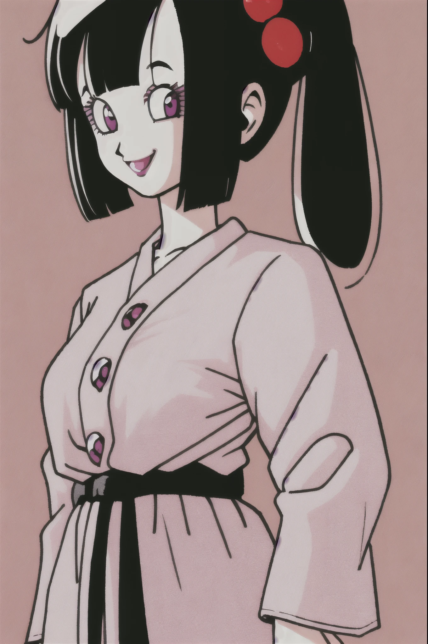 akira toriyama style,1girl, mature lady, ((solo:1.4)), modern clothes, long black hair, upper body, pink eyes, anime coloring, innocent smile, ((masterpiece)) 