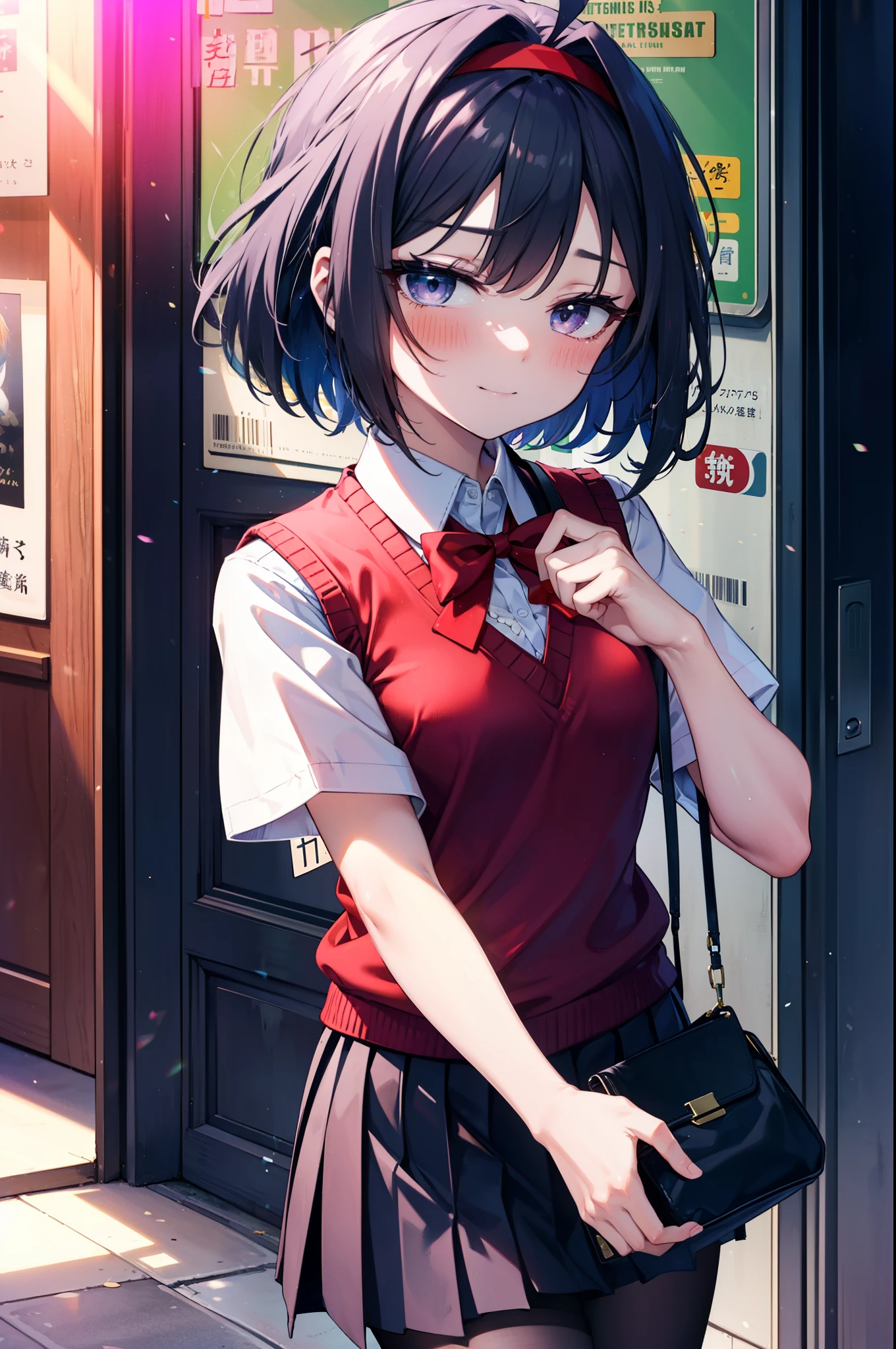 yuukikonno, Yuki Konno,Black Hair,short hair,Bob Hair ,Ahoge,Green headband,(iris:1.5), (Small :1.2), smile,break skirt, shirt, bow, ribbon, , white shirt, Short sleeve, Pleated skirt, collared shirt, mini skirt, bowtie, 茶色のloafers , Black Skirt, Black Pantyhooafers, black bow, Sweater vest, (red Sweater vest:1.5),whole bodyがイラストに入るように,walk,
break outdoors,  city,Area,
break looking at viewer, whole body,
break (masterpiece:1.2), highest quality, High resolution, unity 8k wallpaper, (shape:0.8), (Beautiful details:1.6), Highly detailed face, Perfect lighting, Highly detailed CG, (Perfect hands, Perfect Anatomy),