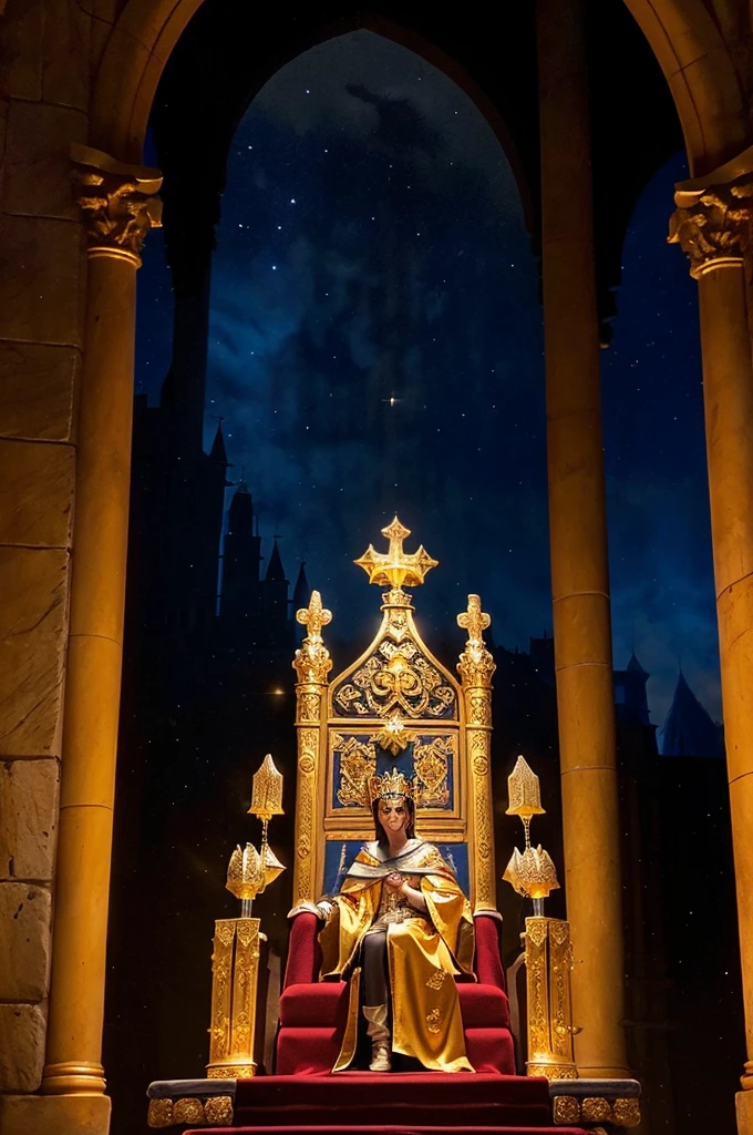 A grand medieval castle with tall stone walls and a majestic throne room. A young hero stands before the king, receiving a quest. The king is seated on a golden throne, wearing a crown and royal robes. The room is filled with banners and torches, creating an atmosphere of importance and duty.