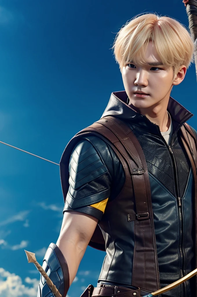 Yoongi from BTS blonde hair make his face soft dressed as the Avengers archer with the bow in his hands and the arrows on his back with a background of blue sky and lightning