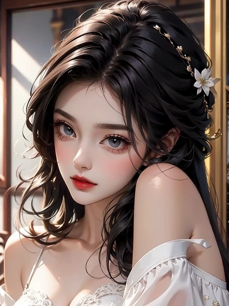Beautiful woman in gorgeous clothes,Greasy and shiny black lipid hair,(Upper Body)Features