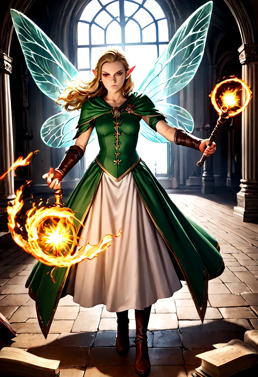 Fairy girl with wings and a book in hand, Classic Long Dress, Fairy Wings, Red eyes and Blonde Hair, Golden Hair, Serious face, Magic, arcane powers, RPG Character, pointy ears, look serious, casting a spell, casting a fire spell, action scene, in a battle, fighting scene, fire, 4k, full hd, detailed image, high quality image, detailed hands, five fingers