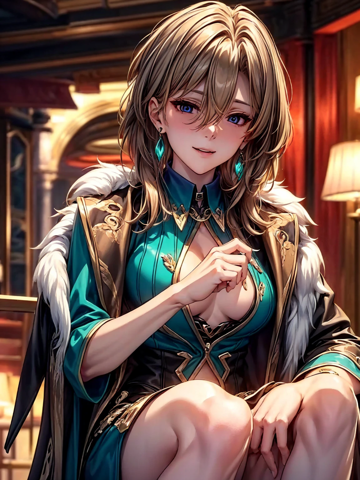 top-quality、tmasterpiece、Very high resolution、super high image quality、High-quality pixels)、perfect eyes, perfect face, perfect body figure,solo,(one woman: 1.2), 8K, (extra-large breasts:1.2),(Detailed description of hair), (Detailed description of face),(Detailed description of body), fair and clear skin, matchless beauty, long legged, (long light brown hair:1.3), hair between eyes, detailed three-concentric-circles eye, shirt, single earing, mild ssmile, coat, fur trim, casino inside, jewelry, cowboy shot