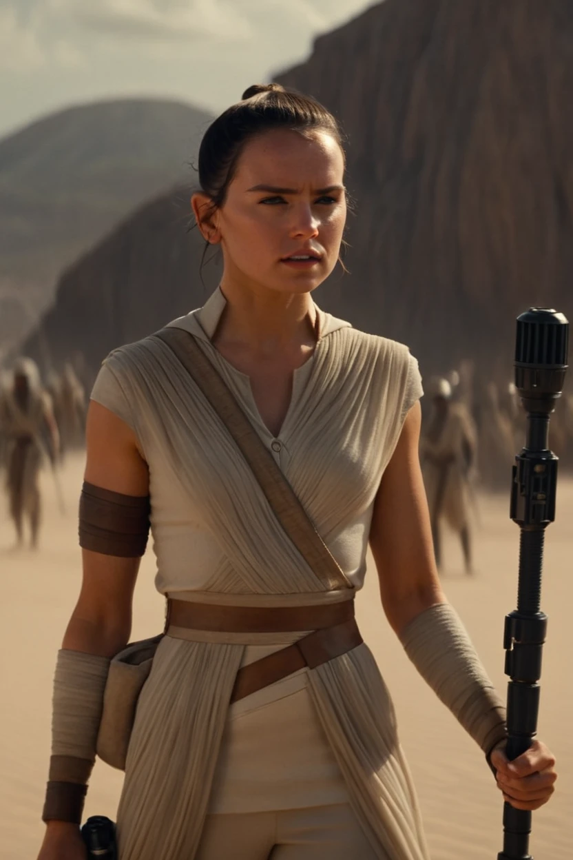 cinematic film still rey, scavenger, battlestick, at kamino . shallow depth of field, vignette, highly detailed, high budget Hollywood movie by barry jenkins, bokeh, cinemascope, moody, epic, gorgeous, film grain, grainy