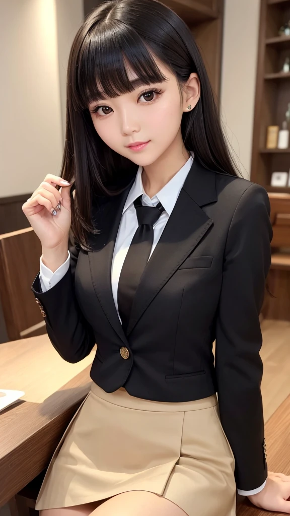 ((high quality)), ((Tabletop)), (Detailed face), (highlight), woman、、Blunt bangs、Black Hair、skirt、blazer