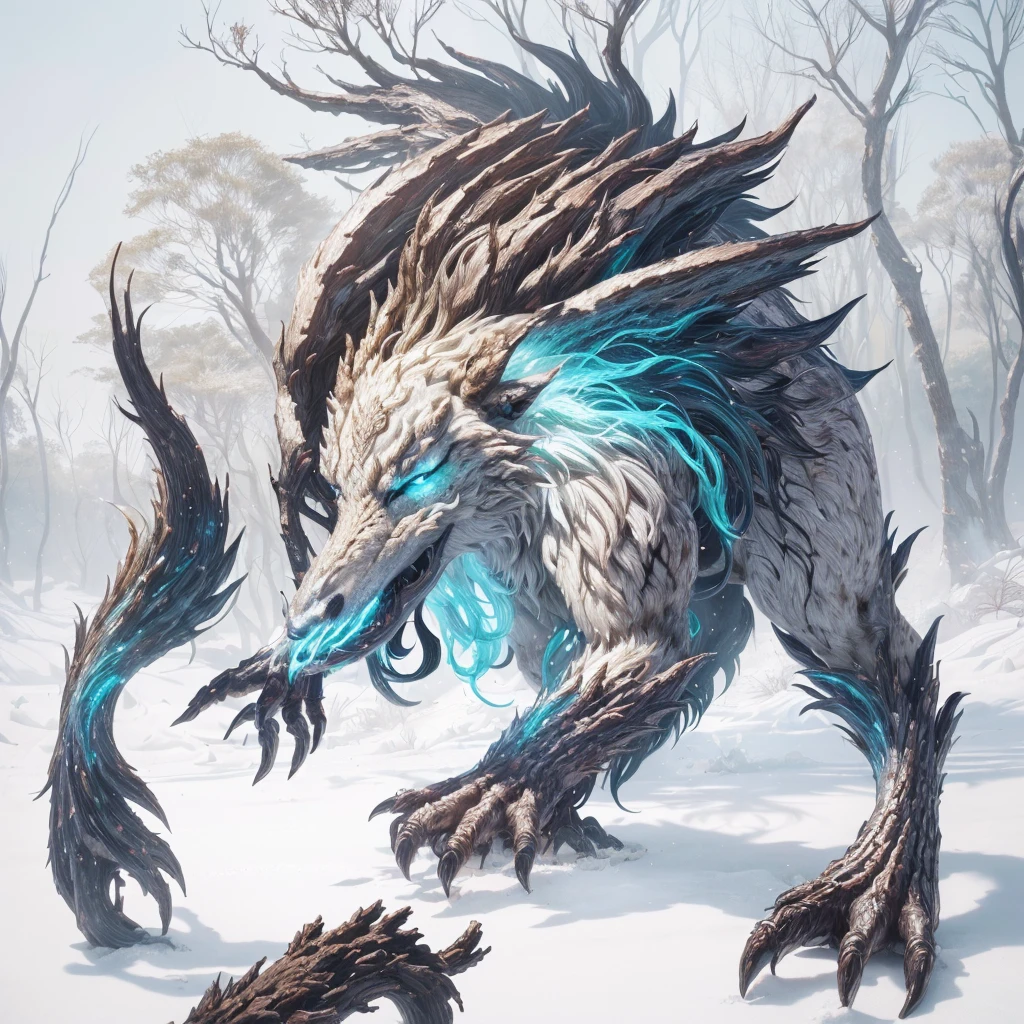 A closeup of a monster with a big head and a huge body, (((no meio da floresta))), arte oficial altamente detalhada, fenrir, detalhe imenso, por Ryan Yee, arte completa, in an epic and intricate oroboros, giant ethereal creature, arte digital detalhada de anime, senhor das feras, arte digital detalhada de fantasia 2D, arte completa illustration, um lobo minotauro, arte de fantasia altamente detalhada