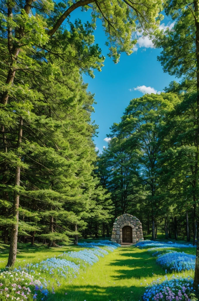 a big stone surrounded of flowers in the forest and blue sky 