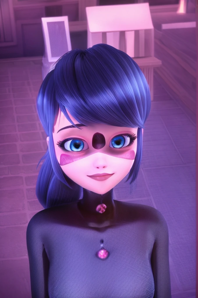 (8k, RAW photo, best quality, masterpiece:1.2), (intricate details), perfect eyes, perfect face, perfect lighting, beautiful, (masterpiece:1.2), (best quality:1.2), 1girl, solo, Marinette, blue hair, ((long flowing hair)), adult torso, 19 years old, slight smile, huge sized breasts,