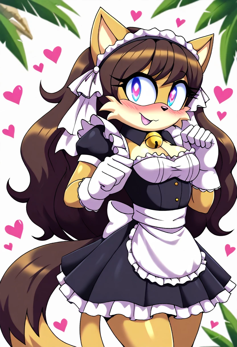 best quality,best resolution,(fluffy anthro furry :1.6),(young :1.6),cat girl,small breasts,dark brown hair,long hair,wavy hair,curvy hair,gold canine fur,gold dog tail,gold fur,blue eyes,glistering eyes,sparkle eyes,small bell collar,maid outfit,maid headdress,maid gloves,ruffles,beautiful cafe,white light,looking at viewer,full face blush,happy face,smile,heart eyes,heart expression eyes,very close eyes,one eyes close,sexy pose, lush breasts