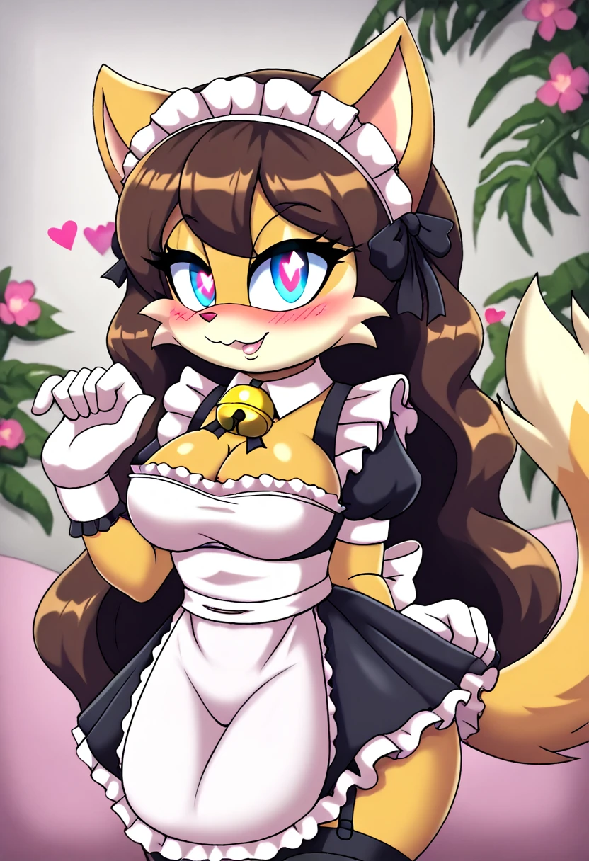 best quality,best resolution,(fluffy anthro furry :1.6),(young :1.6),cat girl,small breasts,dark brown hair,long hair,wavy hair,curvy hair,gold canine fur,gold dog tail,gold fur,blue eyes,glistering eyes,sparkle eyes,small bell collar,maid outfit,maid headdress,maid gloves,ruffles,beautiful cafe,white light,looking at viewer,full face blush,happy face,smile,heart eyes,heart expression eyes,very close eyes,one eyes close,sexy pose, lush breasts