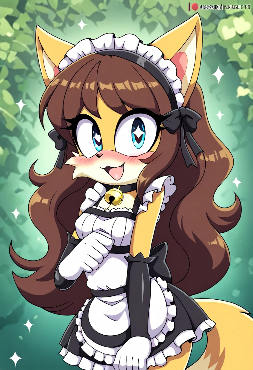 best quality,best resolution,(fluffy anthro furry :1.6),(young :1.6),cat girl,small breasts,dark brown hair,long hair,wavy hair,curvy hair,gold canine fur,gold dog tail,gold fur,blue eyes,glistering eyes,sparkle eyes,small bell collar,maid outfit,maid headdress,maid gloves,ruffles,beautiful cafe,white light,looking at viewer,full face blush,happy face,smile,heart eyes,heart expression eyes,very close eyes,one eyes close,sexy pose, lush breasts