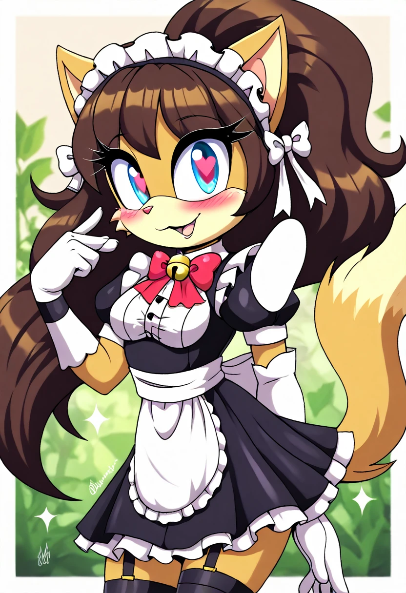 best quality,best resolution,(fluffy anthro furry :1.6),(young :1.6),cat girl,small breasts,dark brown hair,long hair,wavy hair,curvy hair,gold canine fur,gold dog tail,gold fur,blue eyes,glistering eyes,sparkle eyes,small bell collar,maid outfit,maid headdress,maid gloves,ruffles,beautiful cafe,white light,looking at viewer,full face blush,happy face,smile,heart eyes,heart expression eyes,very close eyes,one eyes close,sexy pose, lush breasts