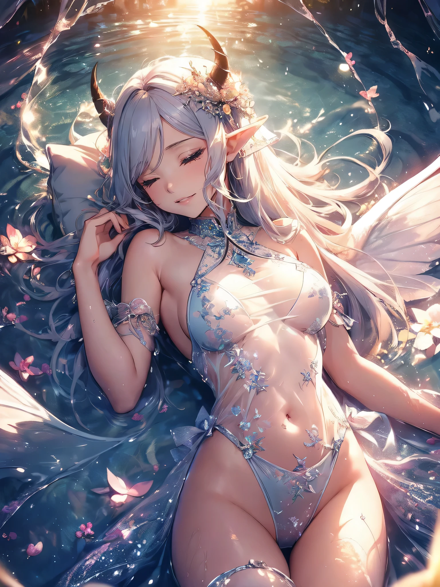 最high quality、1 woman elf、((sleeping onyour back))The Strongest Succubus、Wet、Floating on water、Sleeping on your back、Beautiful eyes、Beautiful decorated swimsuit、bikini,最high quality , fractal art ((smile、))((sleep on your back ))SMqueen、cstasy、Bigger on the front、 Beautiful shine,High-definition depiction, Realistic, 8k, Unity, Beautiful thighs,,Giant Devil's Wings、Rainbow-colored wings、、 light smile, Beautifully and vividly drawn, , beautiful beautiful透き通る肌、The magic of shining beautiful decoration、Giant horns、 demon king、、Beautiful decorative corners、 , beautiful、 Romanticism,mosquito。 The most beautiful form of chaos, Mr..々color, Intertwined flowers, P article,Magical gentle light,smile,,image quality、masterpiece、Beautiful face、Super beautiful elf woman((Big breastedar old office lady、Bust 100,Beautiful long ironed hair、Silver Hair、height: 165cm。、Esbian、、high quality、、Visual Arts、最high quality、1 woman elf ,beautiful fractal art light、Beautiful radiance,High-definition depiction, Realistic, 8k, Unity, , light smile, Beautifully and vividly drawn, , Beautiful, beautiful, clear skin、 ((see-through swim suit,))Countless rays of light pouring down, Swirling Light, big background, , Intense light is emitted . Romanticism,: 品質sleep on your back