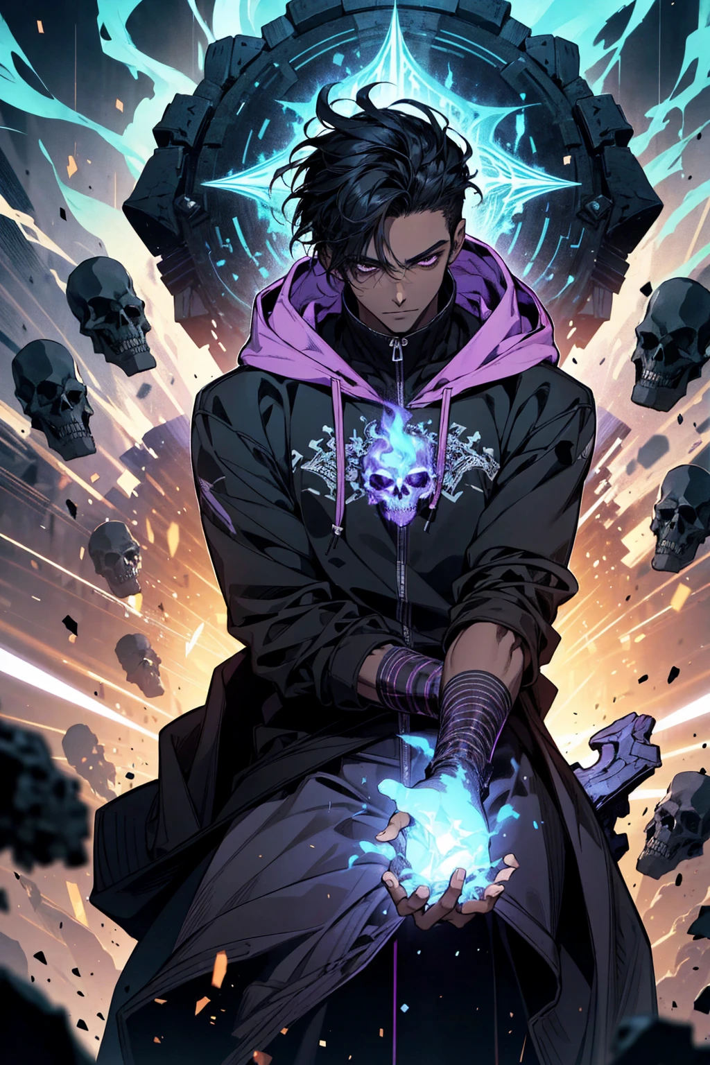male with bones, looking away from camera, skulls, bones, handsome, black, dark skin, tall, broad shoulders, black hair, purple, purple fire, magic, detailed face, fantasy, hoodie