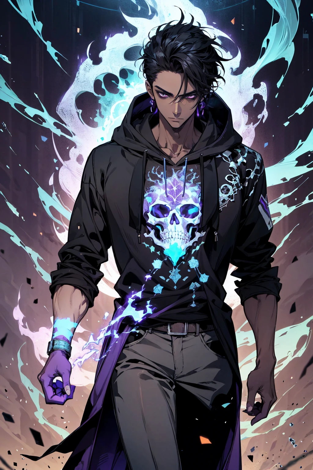 male with bones, looking away from camera, skulls, bones, handsome, black, dark skin, tall, broad shoulders, black hair, purple, purple fire, magic, detailed face, fantasy, hoodie