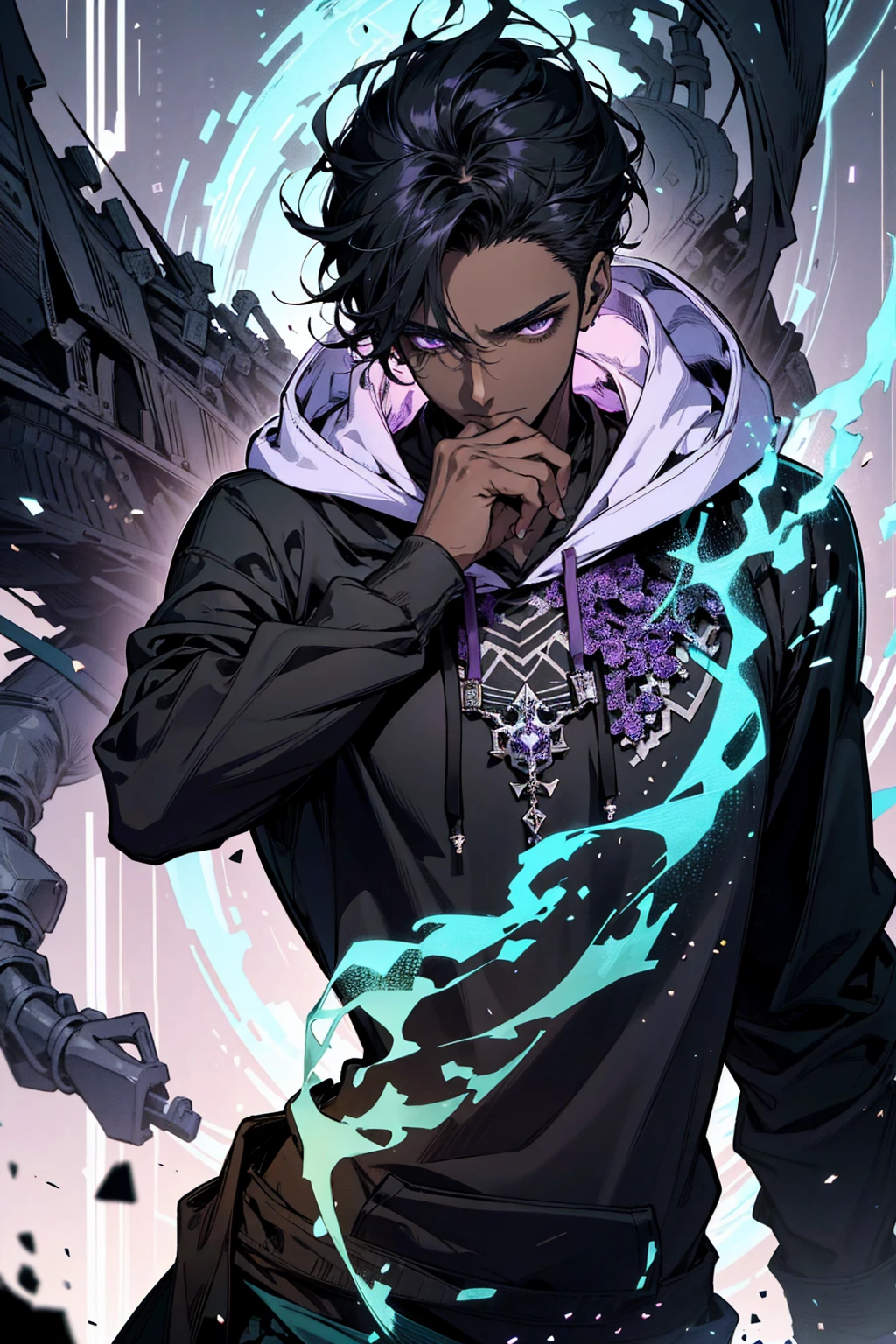 male with bones, looking away from camera, skulls, bones, handsome, black, dark skin, tall, broad shoulders, black hair, purple, purple fire, magic, detailed face, fantasy, hoodie