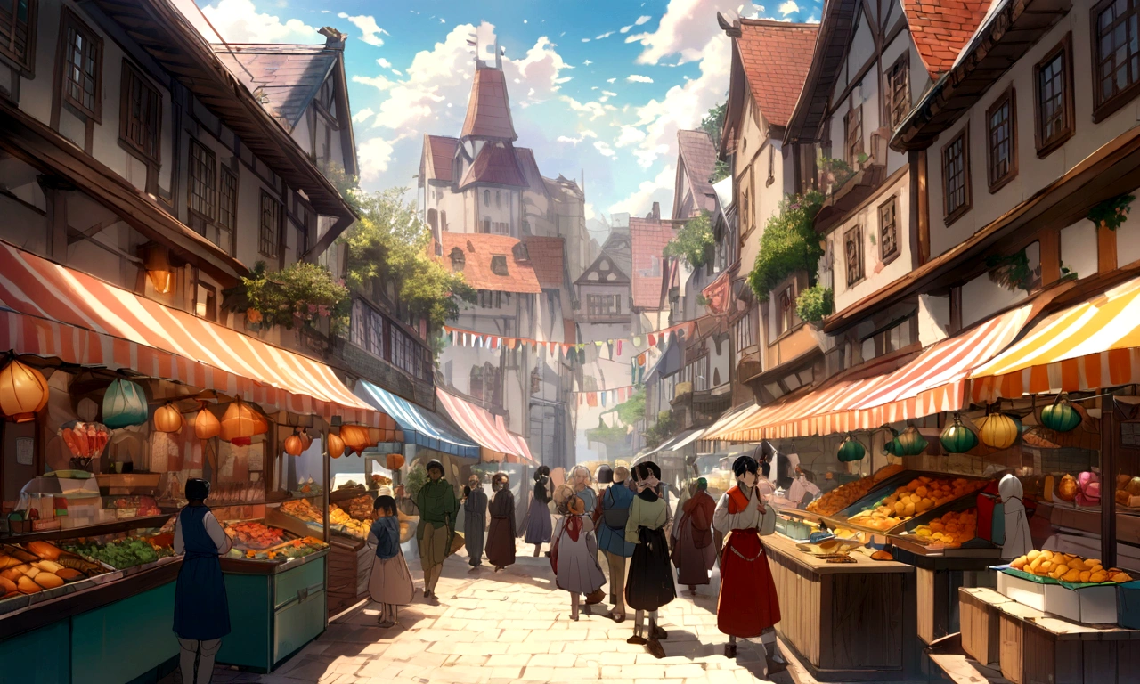 ((((masterpiece, Best Quality, High resolution)))), High detail, manga,anime,Illustrated style,Use of bright colors,Ghibli Studio「Howl's Moving Castle」The colors are like those used in daytime scenes., Medieval European fantasy worldview, Festivals, There is no castle in the background, Fountain Square, Market Square during the day, 広場のFestivalsの風景, Stalls on both sides of the screen、Garrant、Sparkling water gushes out in the sunlight., Large space, Bustling food stalls,Lots of food stalls,There aren't many people,人の着ている服はGhibli Studioの魔女の宅急便のような雰囲気, RPG-like scenery, Colorful stalls selling delicious looking foods, The sky is bright blue、Fluffy white clouds floating, And the sun is shining brightly, Create a magical and cozy atmosphere, It's winter but the atmosphere is bright.