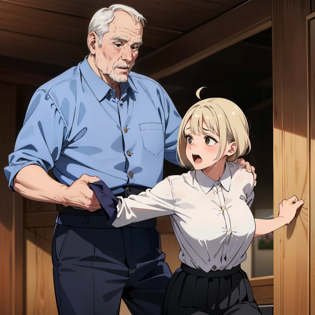 nsfw,((One girl, 1 Elderly)), ((Skirt flip:1.4)), ((Old man grabs woman&#39;s skirt)), The old man laughs evilly, Huge breasts:1.7, Anime cel painting style, highest quality, High resolution, Huge breasts:1.8, good, High leg panties,blue eyes, Purple Hair, bangs, Side Ponytail, hair ornaments, Embarrassing, fear, blush, View Viewer, whole body, Cowboy Shot:1.6, Crowded train、(((Completely naked:1.8)))