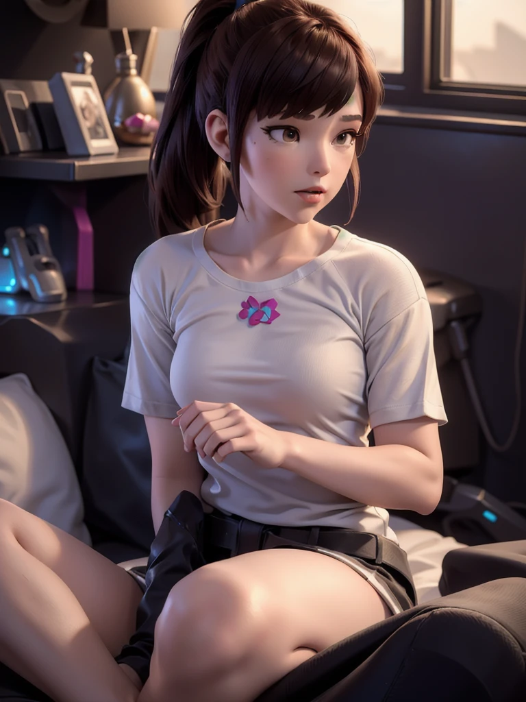 (DVA from Overwatch) without mech, a woman with short brown hair in a (ponytail),she sits on her bed with her legs spread, high quality refelctions, volumetric lighting, wearing a (plain white t-shirt), in her bedroom on her bed, 1 girl solo, cinematic lighting, high resolution, physically-based rendering, 8k, volumetric lighting, hyperrealistic, detailed facial features, masterpiece, full upper body, gaming setup in background, cinematic, you can see the fabric of the shirt and the knits very detailed, small breasts, nsfw, the focus is on her whole body and the environment, cinematic screenshot, you can see the whole room and her sitting on the bed