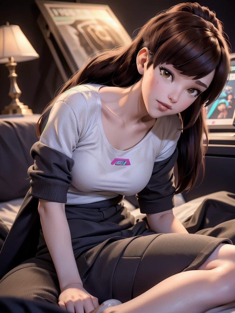 (DVA from Overwatch) without mech, a woman with short brown hair in a (ponytail),she sits on her bed with her legs spread, high quality refelctions, volumetric lighting, wearing a (plain white t-shirt), in her bedroom on her bed, 1 girl solo, cinematic lighting, high resolution, physically-based rendering, 8k, volumetric lighting, hyperrealistic, detailed facial features, masterpiece, full upper body, gaming setup in background, cinematic, you can see the fabric of the shirt and the knits very detailed, small breasts, nsfw, the focus is on her whole body and the environment, cinematic screenshot, you can see the whole room and her sitting on the bed