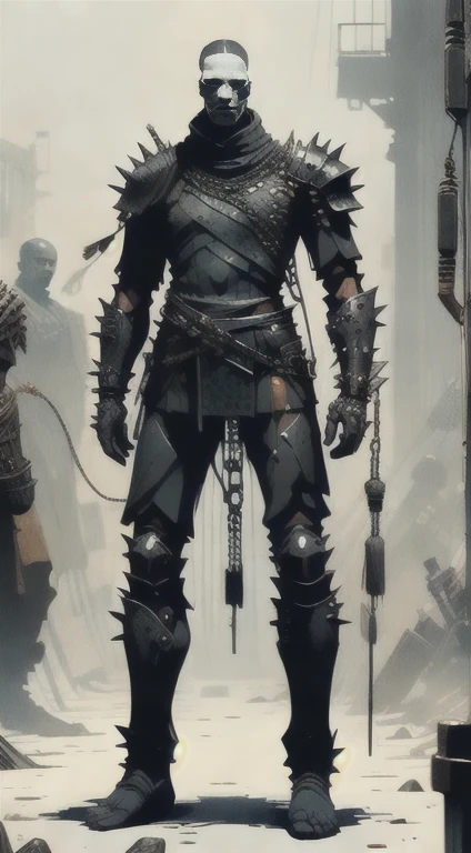 1man, old man, standing on a bloody battlefield, perfect proportions, anatomically correct, (head to toe: 2.0), (full body image: 2.0), solo, extremely stylized, deviant art, masterpiece, highly detailed, detailed eyes, expressive detailed eyes, detailed pupils, futuristic, ((wearing an armored helmet)), ((holding a spiked flail)), (cybernetic arms:1.4), big boots, entire body image, full body shot, professional photograph, ((tassels, large beads, large tassels)), cyberpunk, inkpunk, paint platter, ink splatter, (action pose:1.0), ((chainmail shirt)), old warrior, long beard, ((armor shoulders))